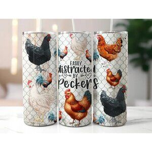 Easily Distracted By  Funny Chicken 20oz Skinny Tumbler Insulated Travel Mug Cup